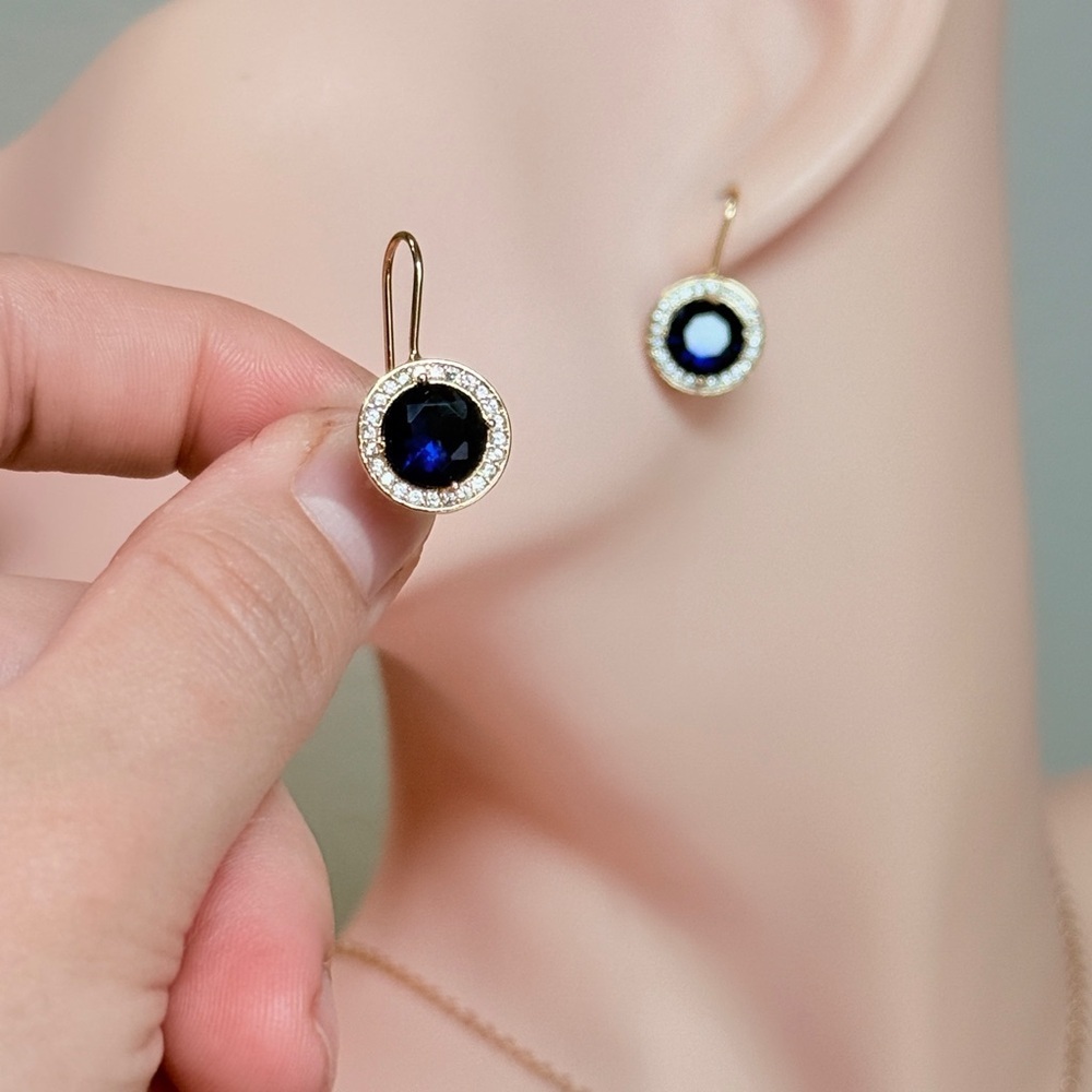 ⚜️ Elegant Gold Earrings With Blue and Clear Zirconia 💎 - Picture 5 of 11